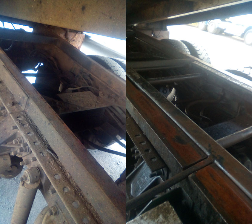 Before and after of degreasing an old chassis